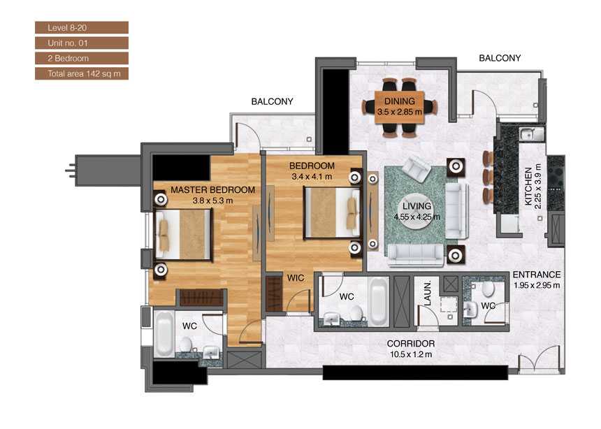 Level-8-20,Unit-no-01-,2-Bedroom-,Size-142-Sq m